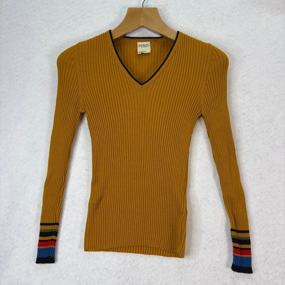 IVKO‎ Mustard Yellow Ribbed Merino Wool V-Neck Sweater Women 38(M) Bohemian Boho